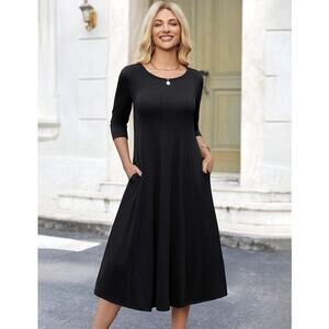 Women Black A-Line Midi Dress 3/4 Sleeve Casual Loose Swing Dress Size L
